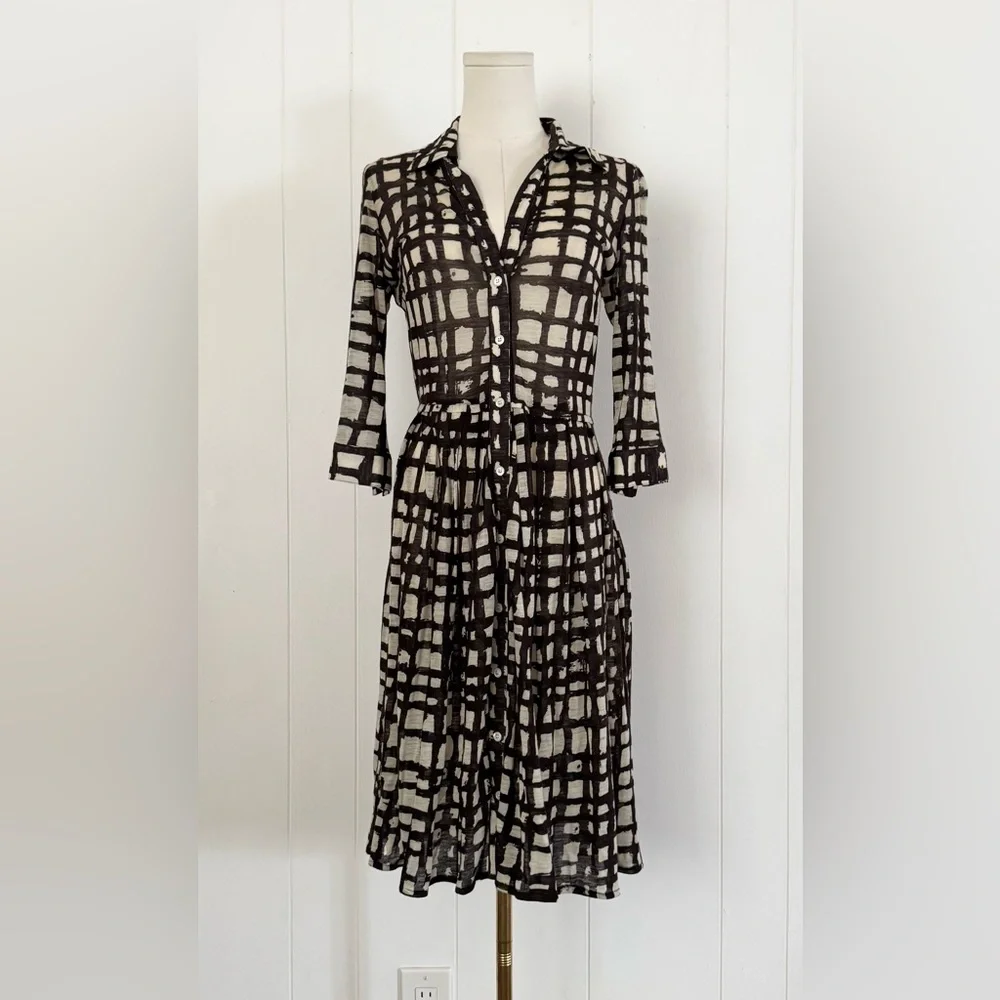 Samantha Sung Rare 100% Wool Audrey Dress Window Pane Geometric Squares Brown M - Picture 1 of 14